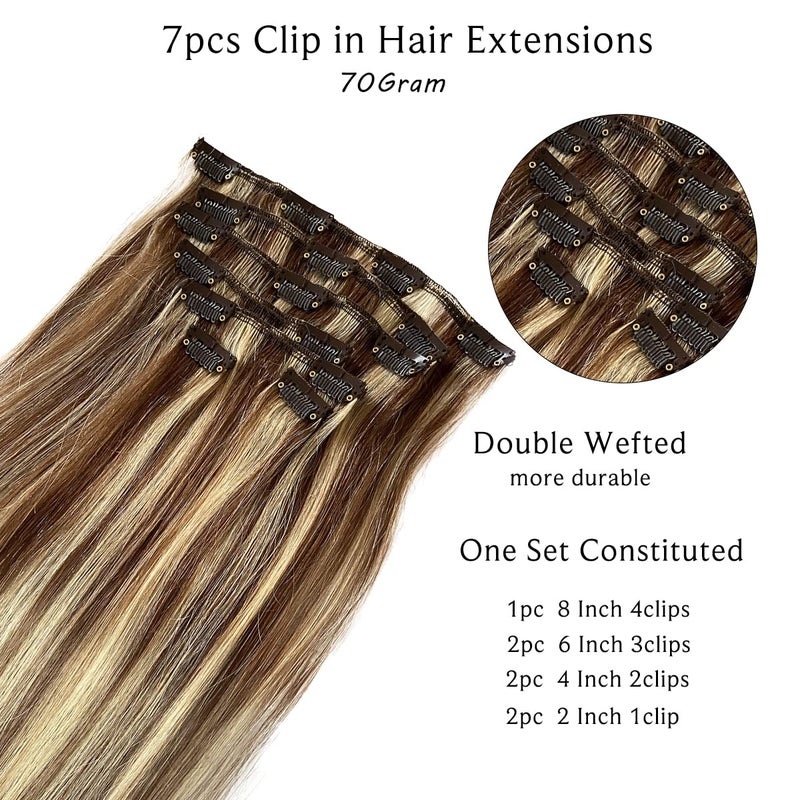 Ubetta Clip in Hair Extensions Real Human Hair Clip in Extensions,20 Inch Chestnut Brown Balayage Blonde Highlights Real Hair Extensions Clip in Remy Human Hair 7 Pieces 70G Double Weft Clip ins Extensions - Image 3